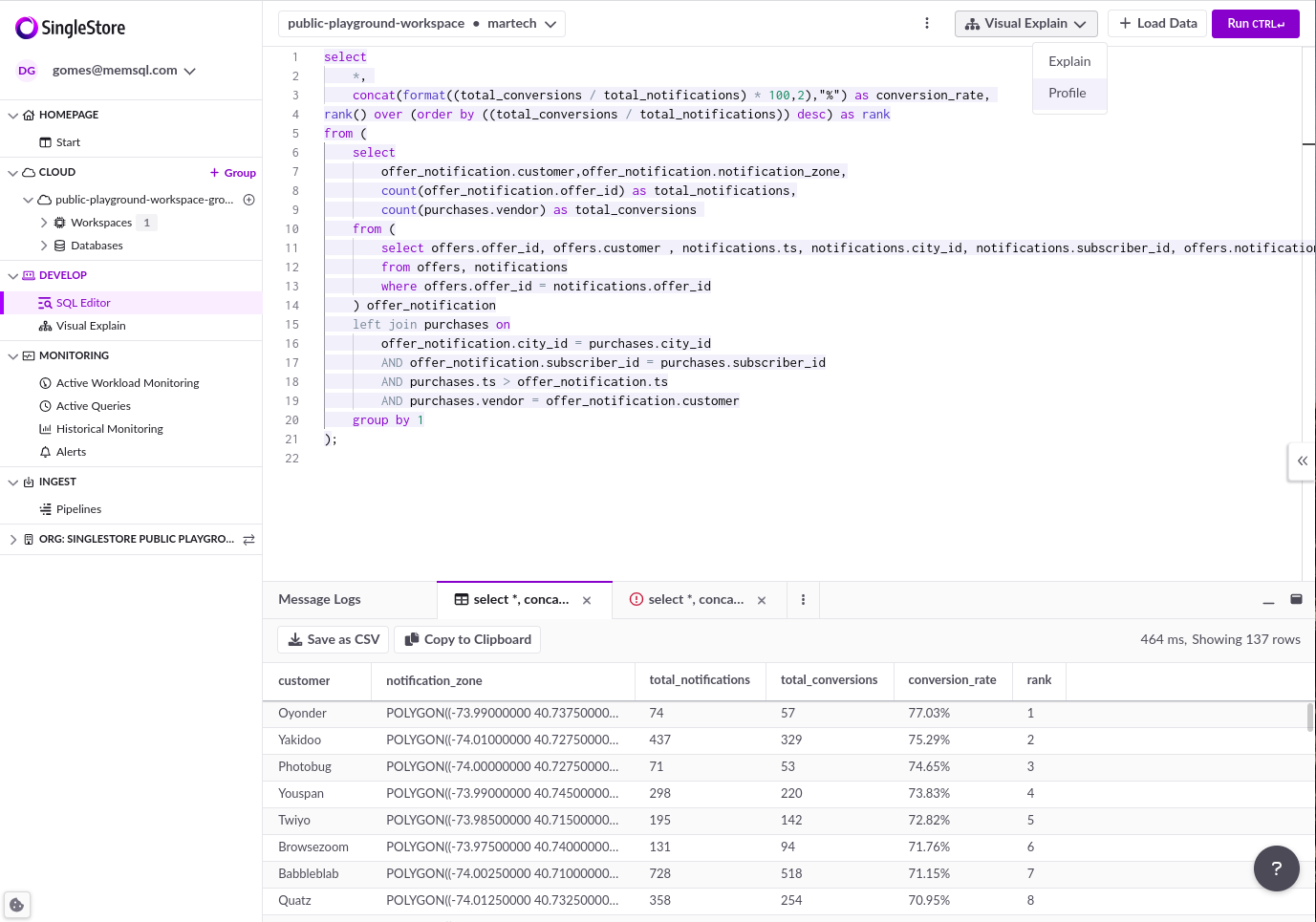 The Profile button in the SingleStore Cloud Portal SQL Editor