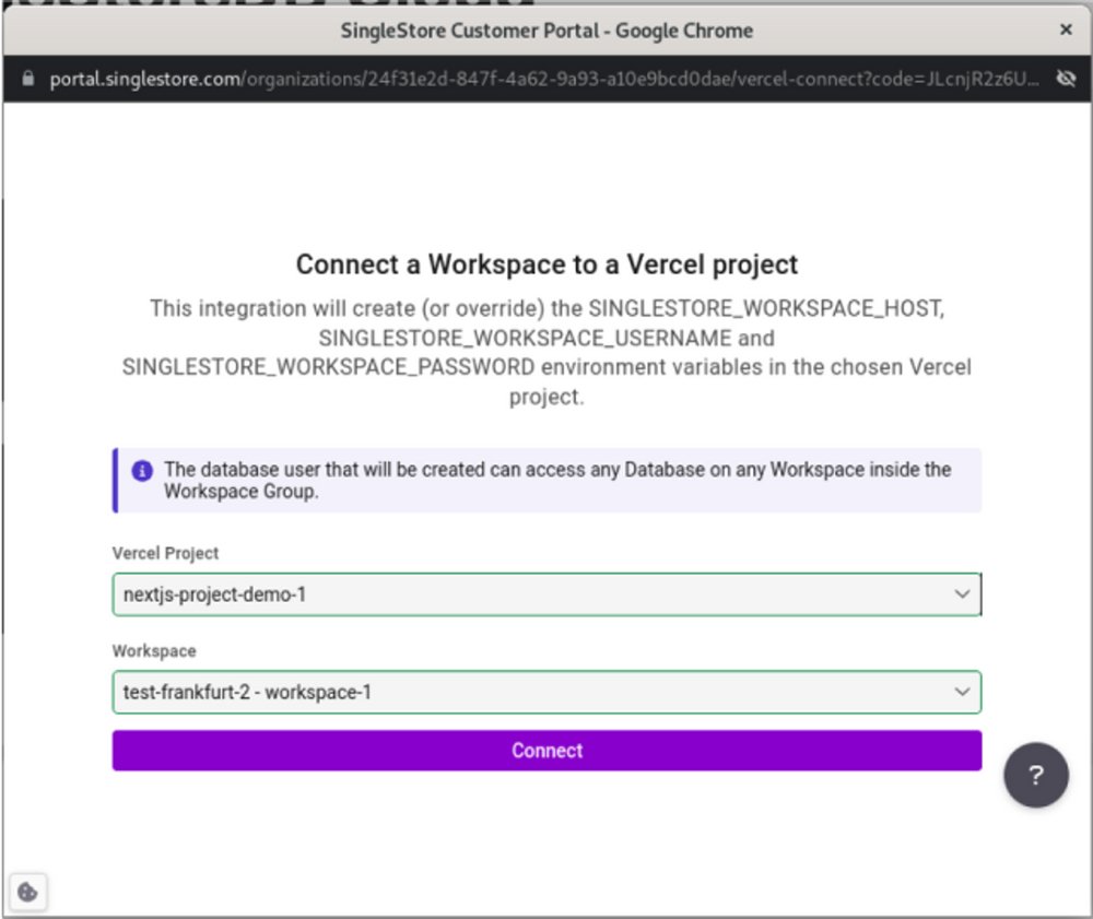 Screenshot of the initial screen of the SingleStoreDB Cloud Vercel integration