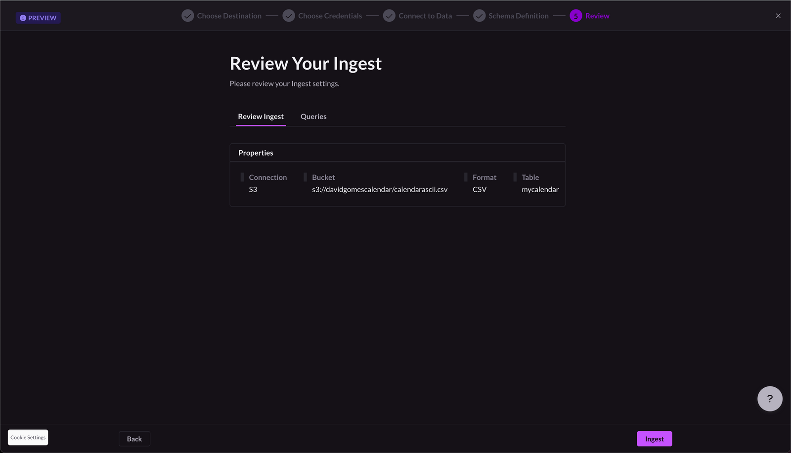 Ingest UI confirming my schema